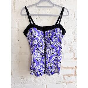 Fit 4 U Floral Tankini Swim Top Size 16 Purple Zip Front Built In Bra